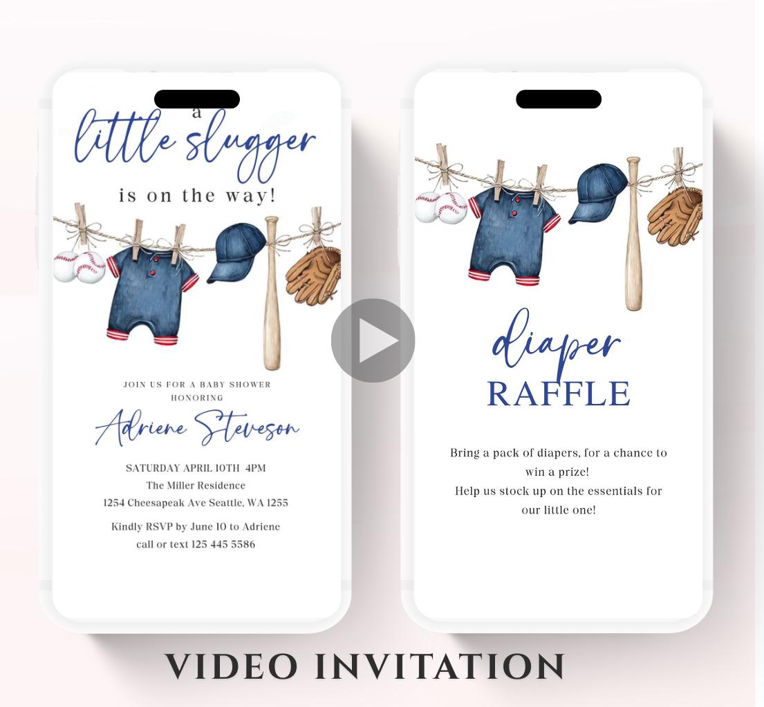 Baseball Baby Shower Invitation, A Little Slugger is on the Way Video invitation, Boy baby shower invitation, sports baseball invite-1