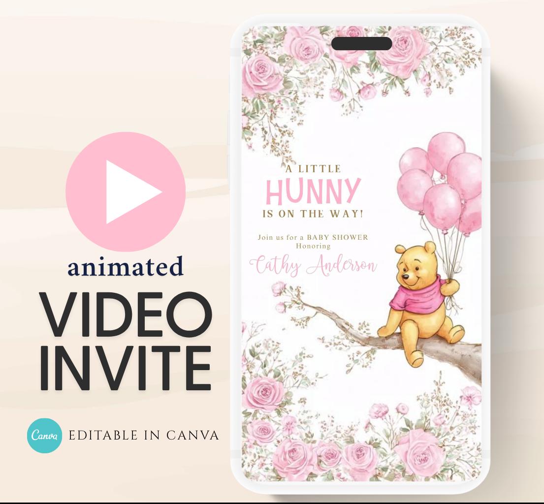Pink Winnie shower Invitation, Winnie The Pooh Baby Shower Invitations, Winnie The Pooh Invitations Video invitation, Winnie baby shower-18