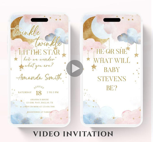 Twinkle Twinkle Little Star Gender Reveal Invitation, Pink and Blue Moon Stars Clouds Invitation, He Or She, Boy Or Girl Video Invite-2