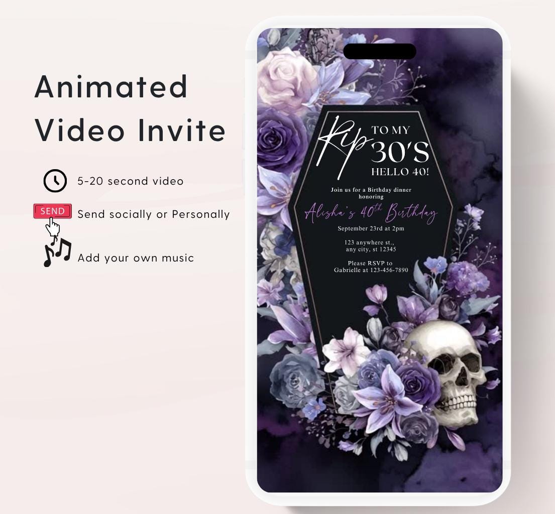 Animated 40th Evite Birthday for Adult Invite, Modern 40th Birthday Invite, Digital Animated Rip 30's Digital Halloween 40th Birthday-12