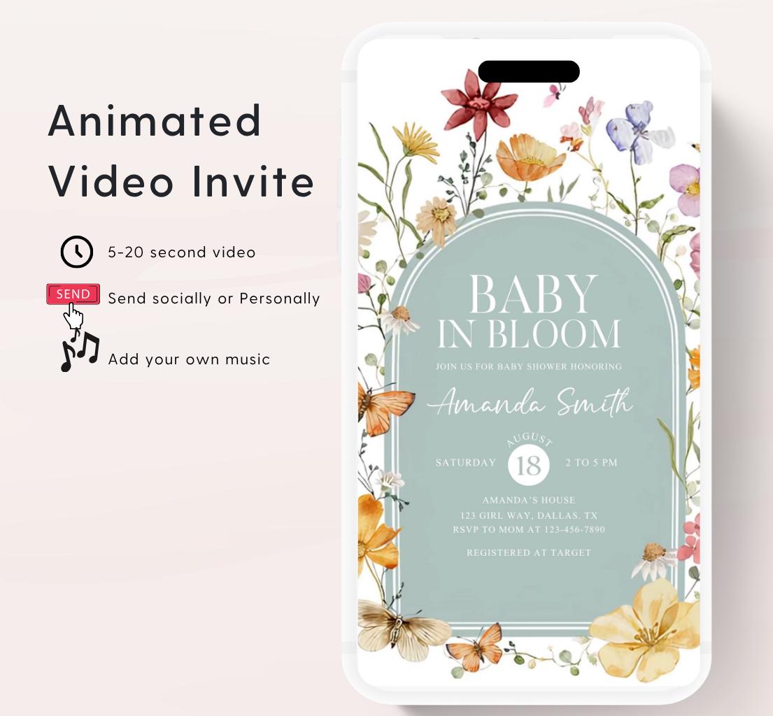 Boho Baby Shower Invitation, Boho Floral Baby Shower, Baby in bloom Baby Shower Invite, pampas Invitation, Boho Baby Invitation Animated-3