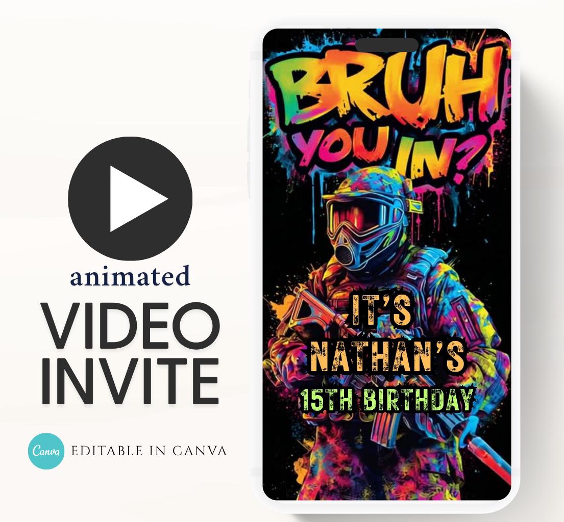 Bruh Paintball Birthday Invitation, Video Paintball Party Invitation, Boy Paintball Invite, Bruh You In Paintball Bruh Invitation-1
