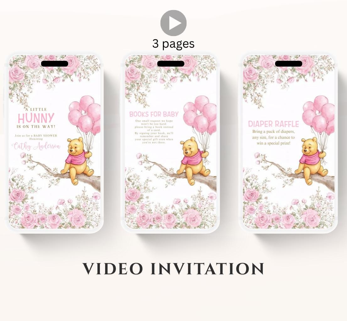 Pink Winnie shower Invitation, Winnie The Pooh Baby Shower Invitations, Winnie The Pooh Invitations Video invitation, Winnie baby shower-18