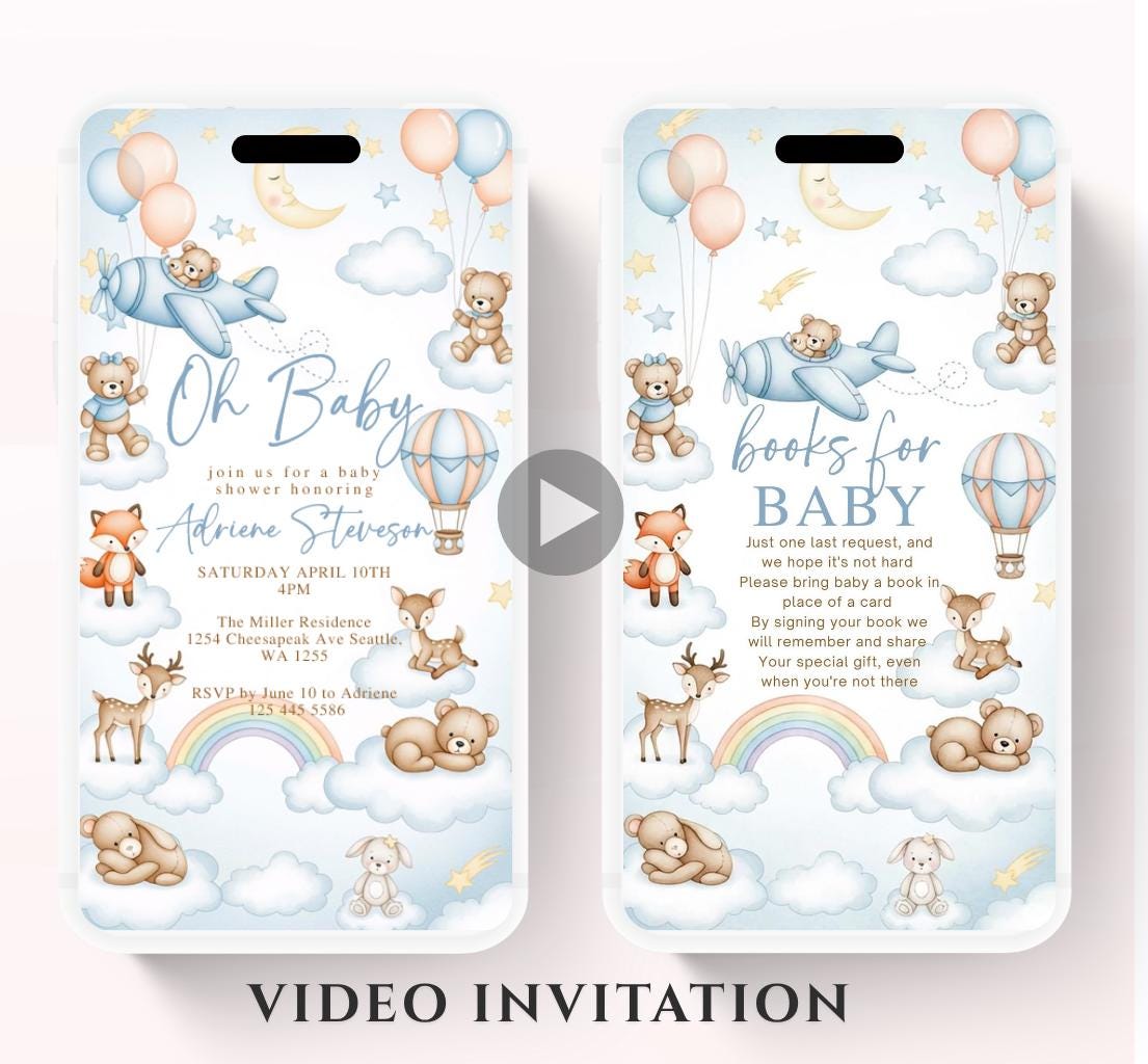 Flying Teddy Bear Baby Shower Invitation We Can Bearly Wait Invite balloon Teddy Bear Template Boy Animated video- 3