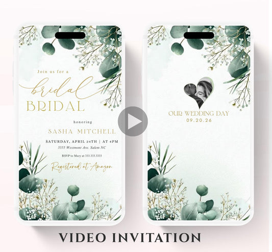 Greenery Bridal Shower Invitation, Video Eucalyptus Bridal Shower Invite, Editable Canva Greenery Bridal Shower-1