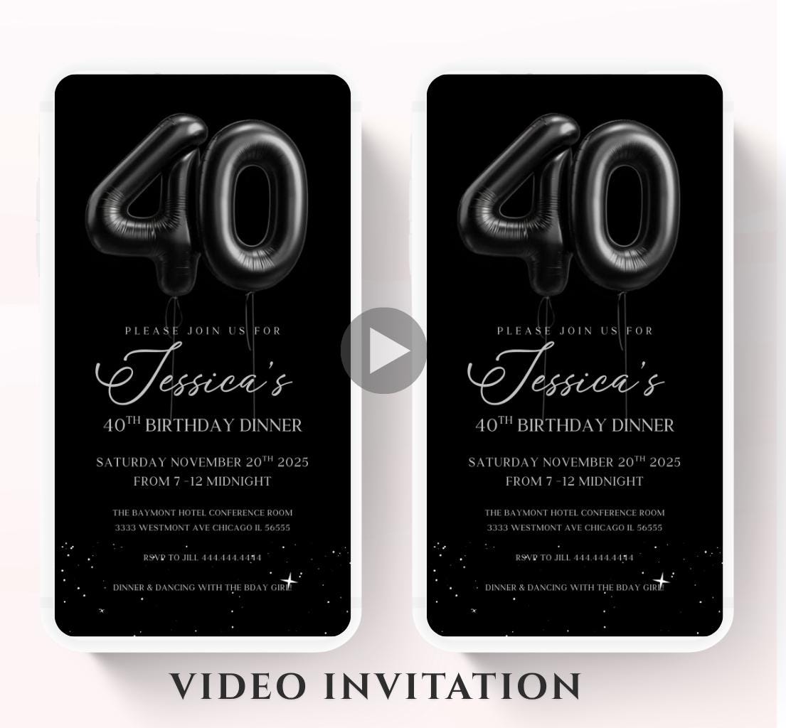 Animated 40th Evite Birthday for Adult Invite, Modern 40th Birthday Invite, Digital Animated black balloon Digital 40th Birthday-3