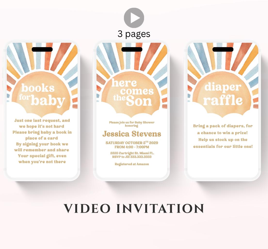 Animated Sunshine Baby Shower Invitation, Here Comes the Son Baby Shower Invite, Boy Sonshine Baby Shower, Boho Sunshine Shower sun baby-2