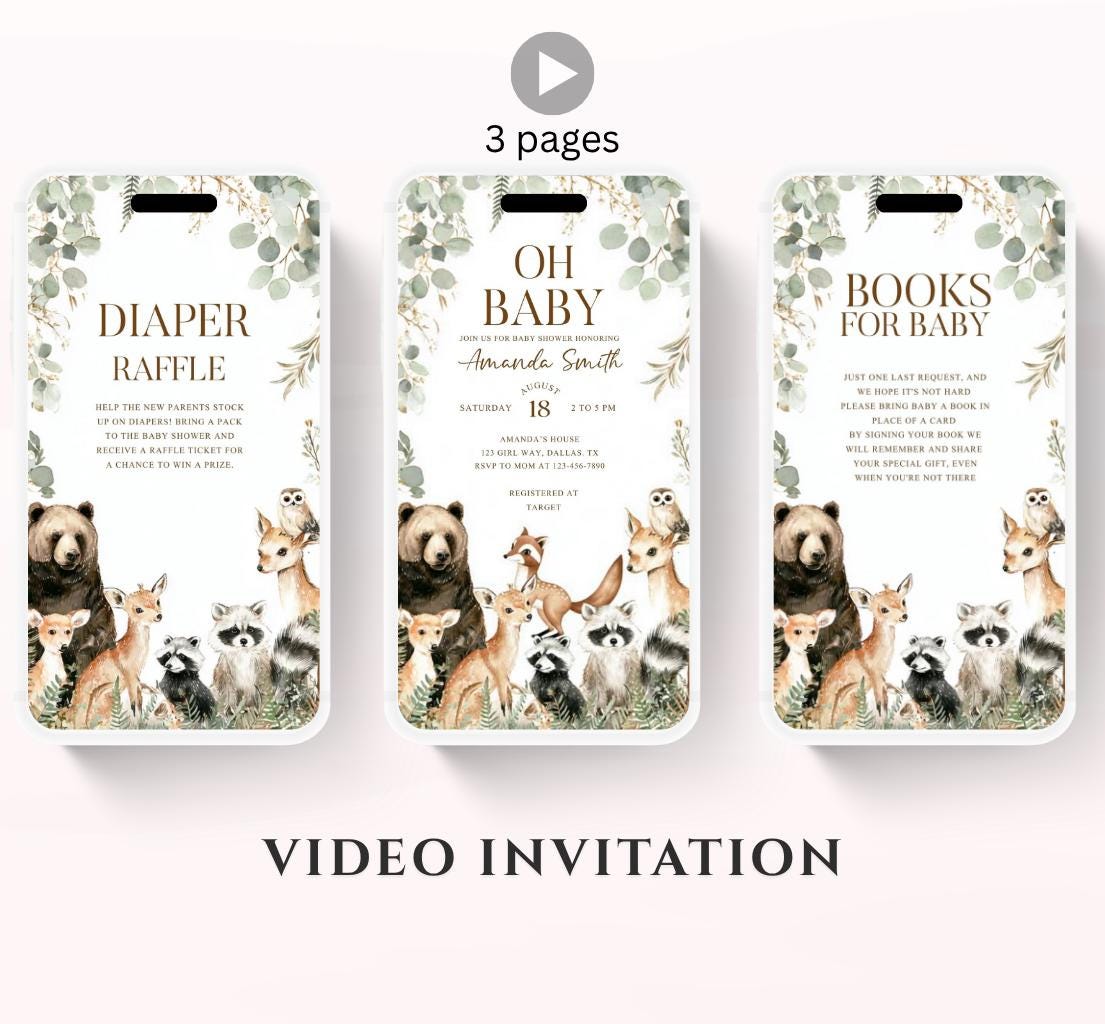 Animated Woodland Baby Shower Invitation, Boy Woodland Baby Shower Invite, Woodland Animals Baby Shower, Greenery Boho invitation Woodland-5