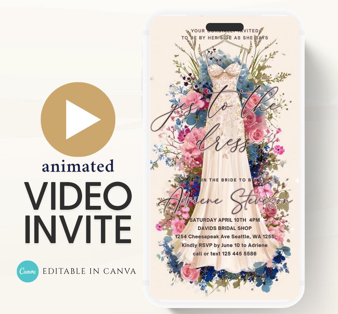 Wedding Dress Shopping mobile editable invitation, Video bridal party invite, Say yes to the dress Dress shopping invite-5
