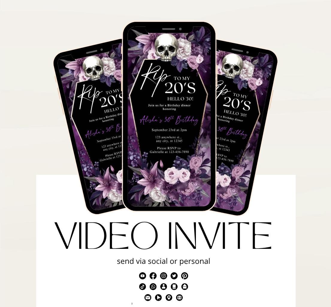 Animated 30th Evite Birthday for Adult Invite, Modern 30th Birthday Invite, Digital Animated Rip 20's Digital Halloween 30th Birthday-11