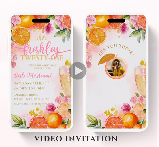 Citrus Birthday Brunch Invite. Digital Animated 21st birthday Party Invitation. Lemon Yellow and Pink Citrus Birthday Video invite-2
