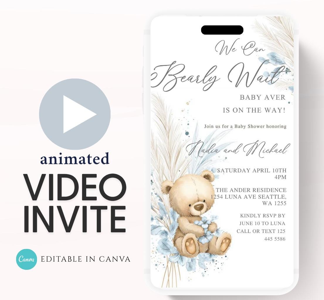 Teddy Bear Baby Shower Invitation We Can Bearly Wait Invite Boho Bohemian Blue Pampas Grass Teddy Bear Template Boy Animated video- 1