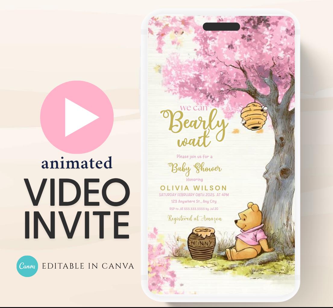 Pink Winnie Tree Invitation, Winnie The Pooh Baby Shower Invitations, Winnie The Pooh Invitations Video invitation, Winnie baby shower-24