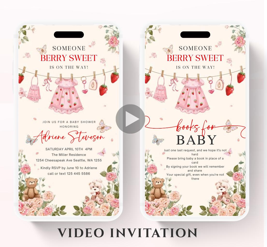 Animated Berry Baby Shower Invitation , Berry Sweet Invite Baby Shower Strawberries berries Minimal Girl Baby Shower Blush Pink Strawberry-3