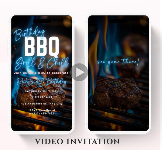 Digital Birthday BBQ Chill and Grill Invitation. Animated Barbeque Party Invite in Neon blue. Birthday invite Video-3