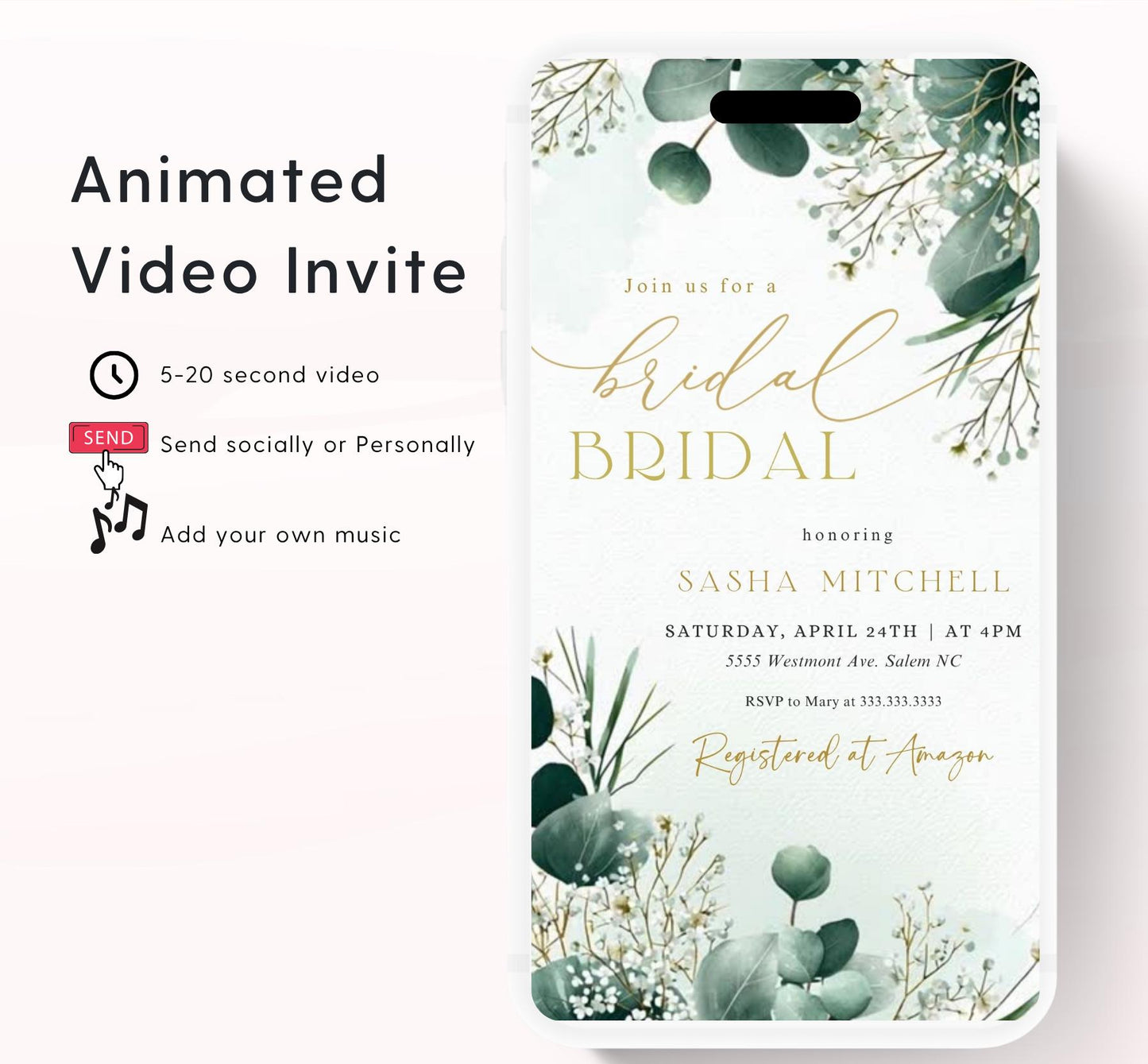 Greenery Bridal Shower Invitation, Video Eucalyptus Bridal Shower Invite, Editable Canva Greenery Bridal Shower-1