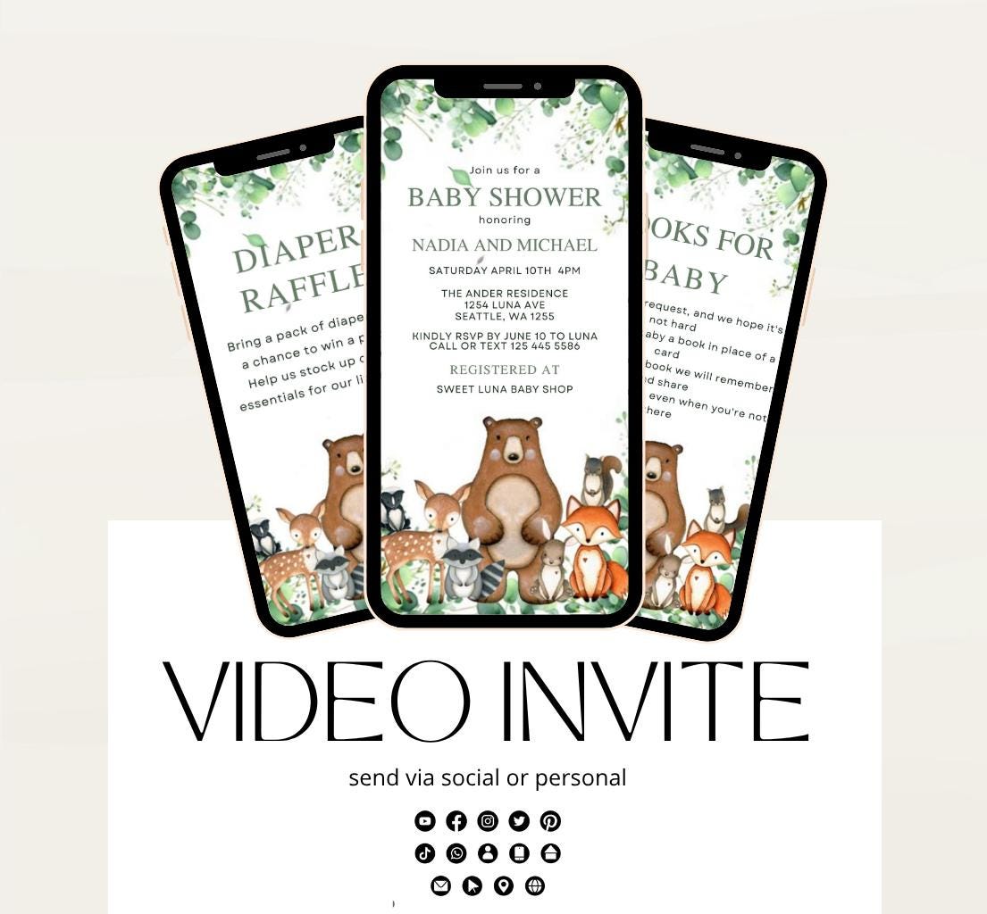 Animated Woodland Baby Shower Invitation, Boy Woodland Baby Shower Invite, Woodland Animals Baby Shower, Greenery Woodland-1