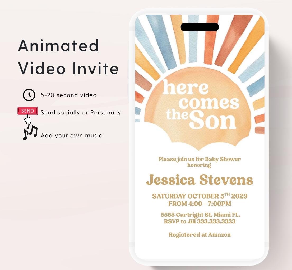 Animated Sunshine Baby Shower Invitation, Here Comes the Son Baby Shower Invite, Boy Sonshine Baby Shower, Boho Sunshine Shower sun baby-2