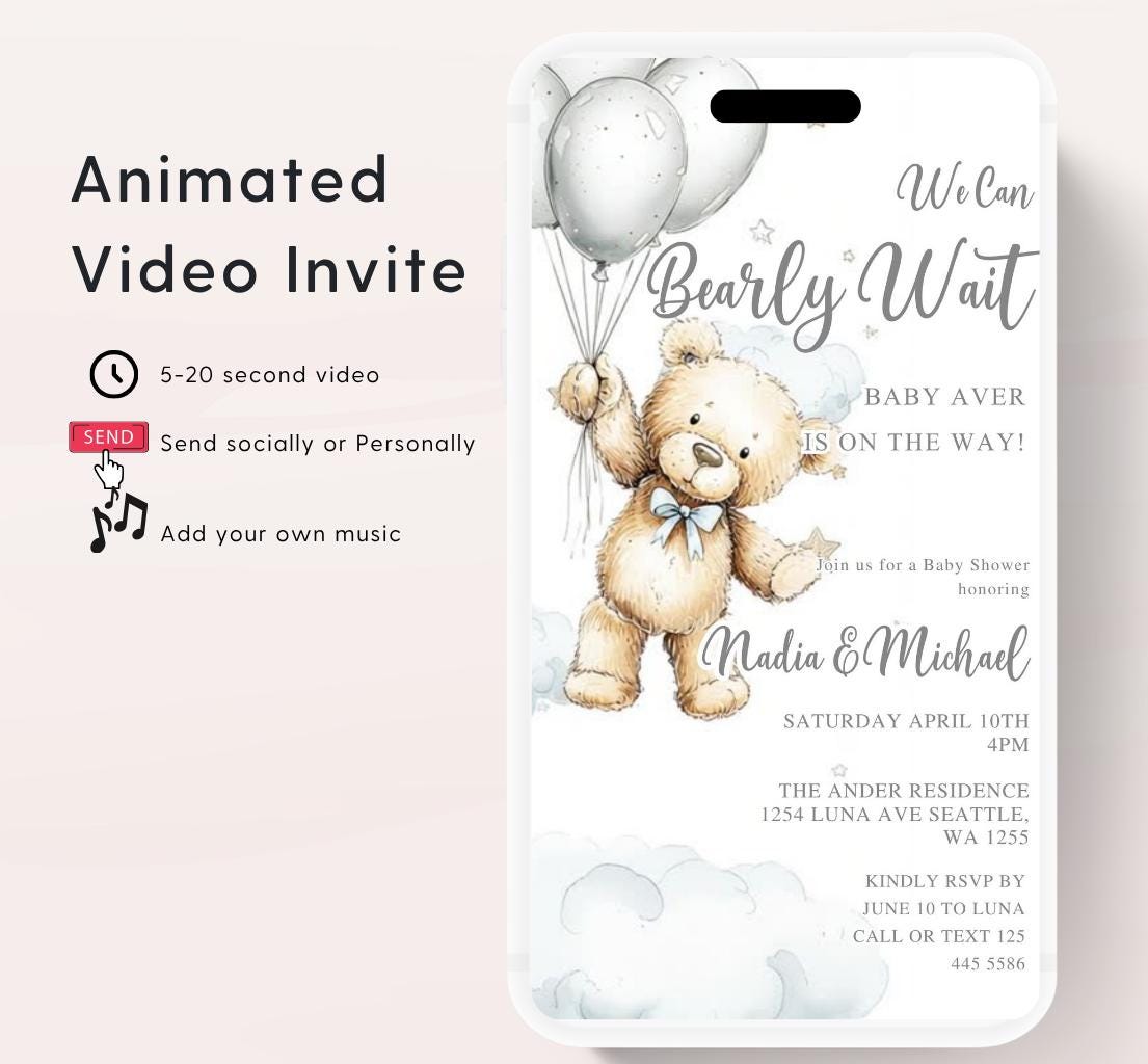 Teddy Bear Baby Shower Invitation We Can Bearly Wait Invite balloon Teddy Bear Template Boy Animated video- 1