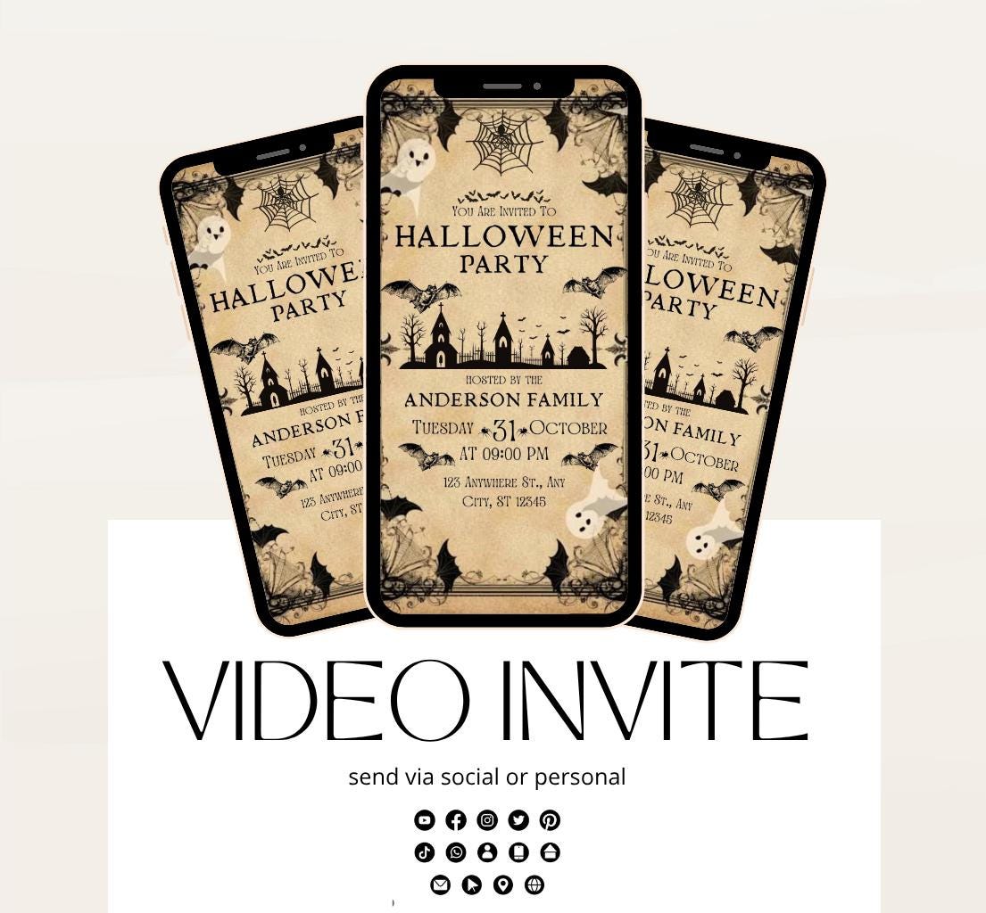 Video Vintage Halloween Invitations Halloween Party Invite Antique Adults Halloween Costume party Invite Editable Digital Download-1