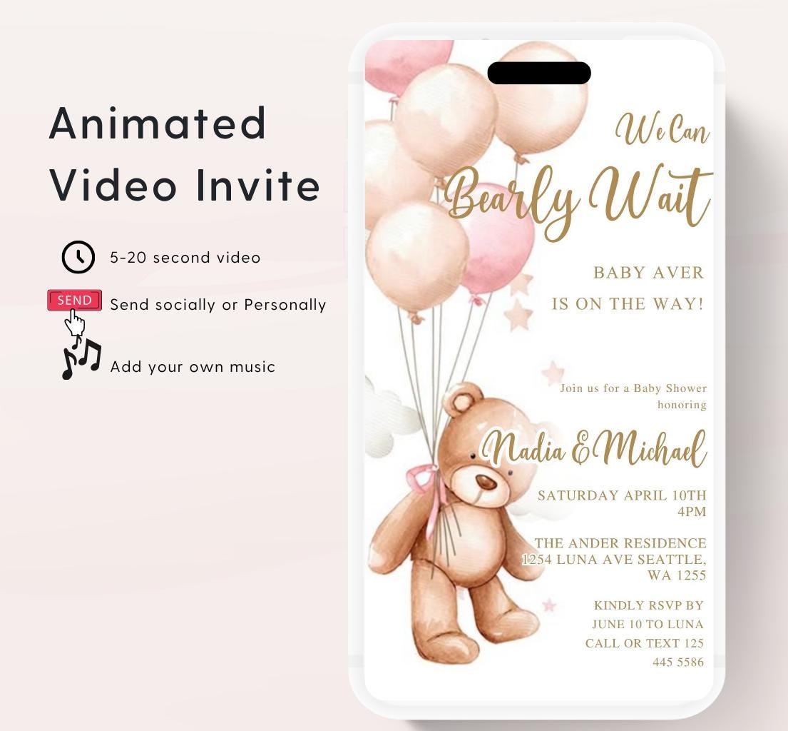 Teddy Bear Baby Shower Invitation We Can Bearly Wait Invite balloon Teddy Bear Template girl Animated video- 2