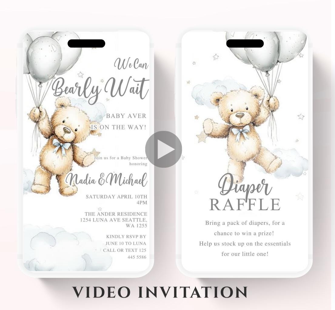 Teddy Bear Baby Shower Invitation We Can Bearly Wait Invite balloon Teddy Bear Template Boy Animated video- 1