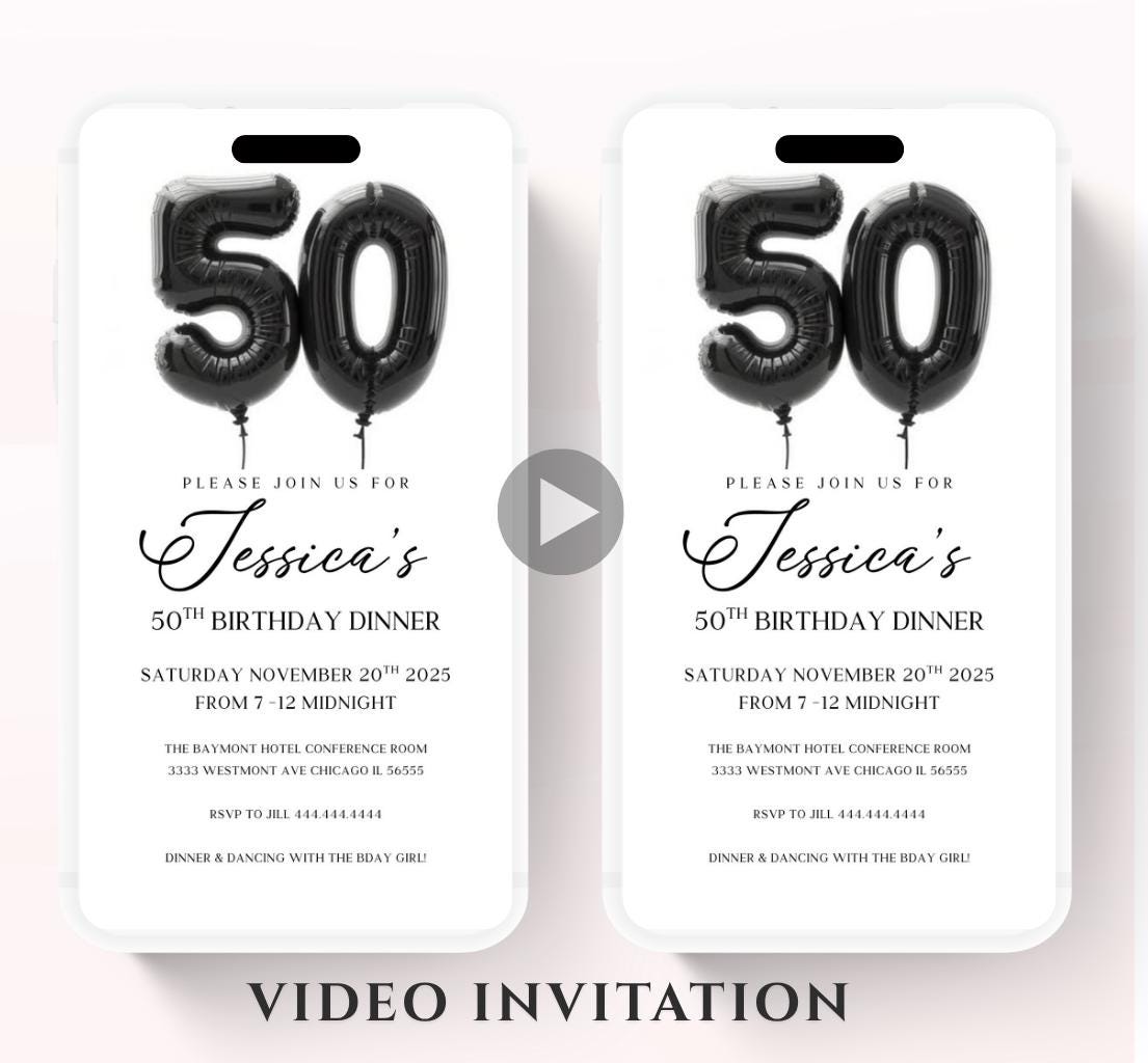 Animated 50th Evite Birthday for Adult Invite, Modern 50th Birthday Invite, Digital Animated Balloon Digital 50th Birthday-1