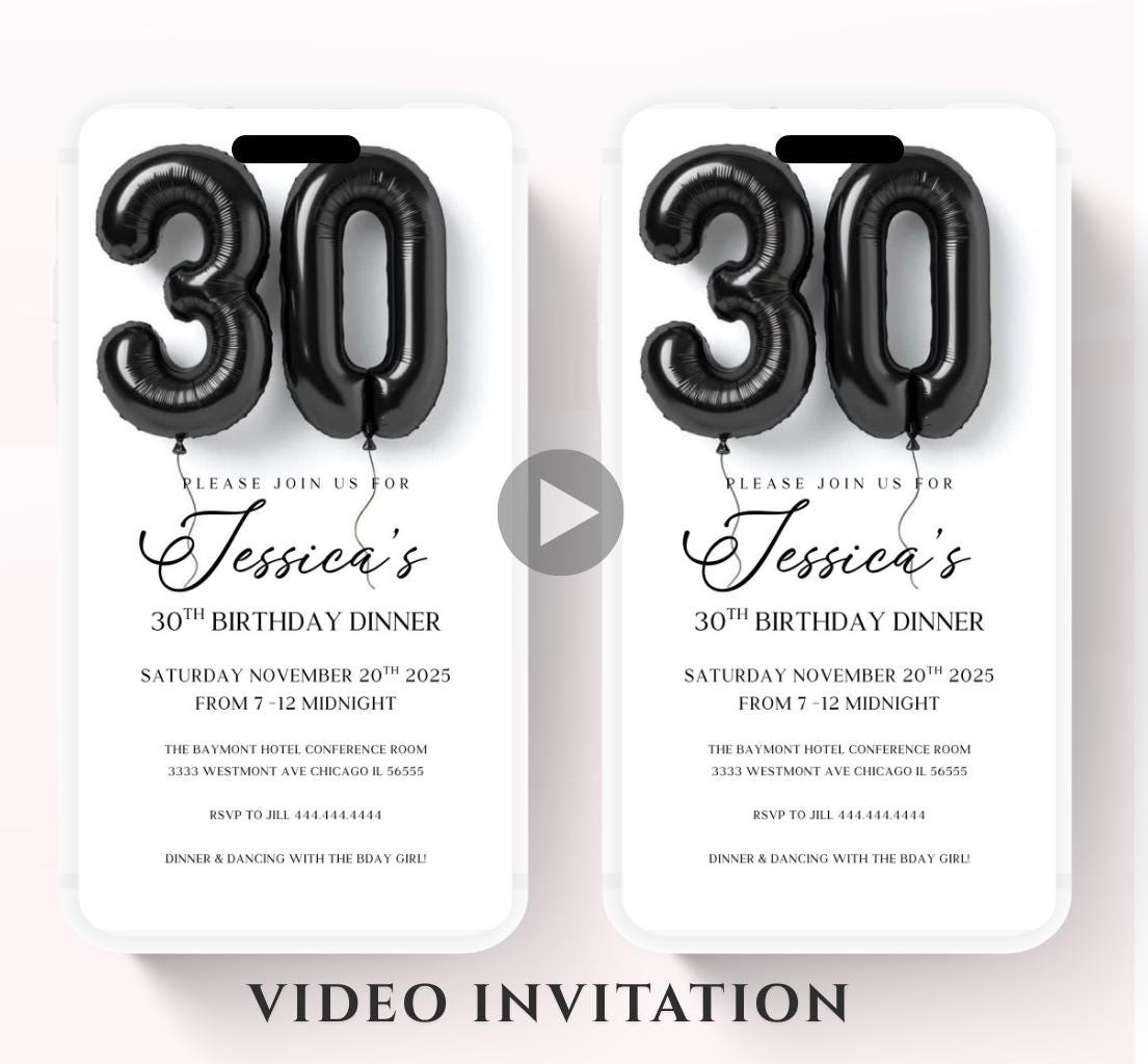 Animated 30th Evite Birthday for Adult Invite, Modern 30th Birthday Invite, Digital Animated Black balloons Digital 30th Birthday-2