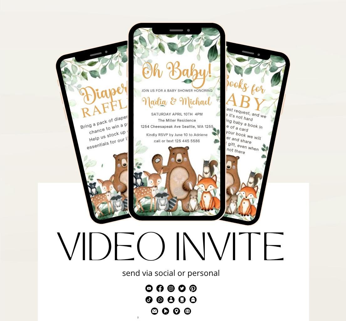 Animated Woodland Baby Shower Invitation, Boy Woodland Baby Shower Invite, Woodland Animals Baby Shower, Greenery Woodland-1