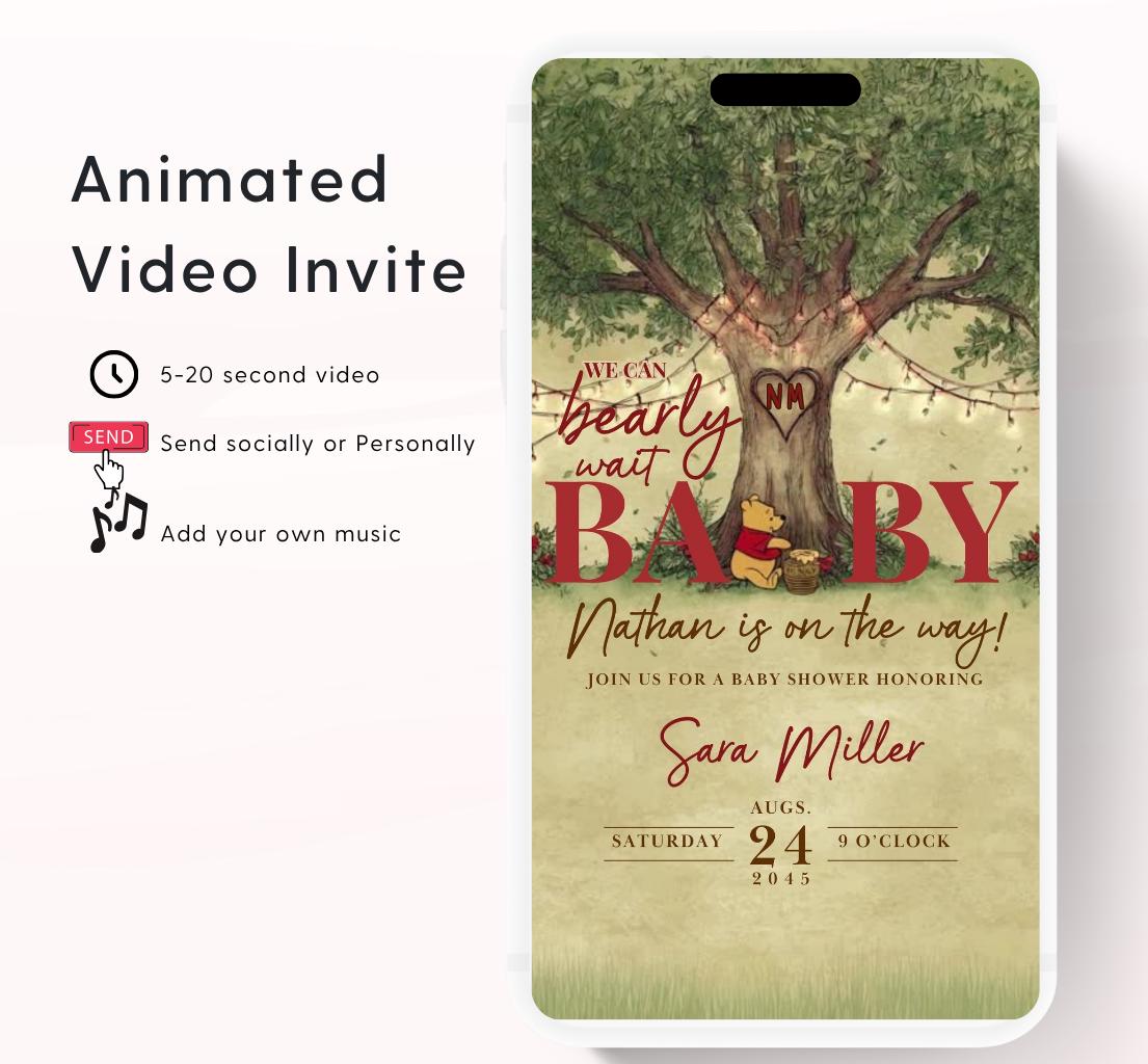 Red Winnie Tree Invitation, Winnie The Pooh Baby Shower Invitations, Winnie The Pooh Invitations Video invitation, Winnie baby shower-23