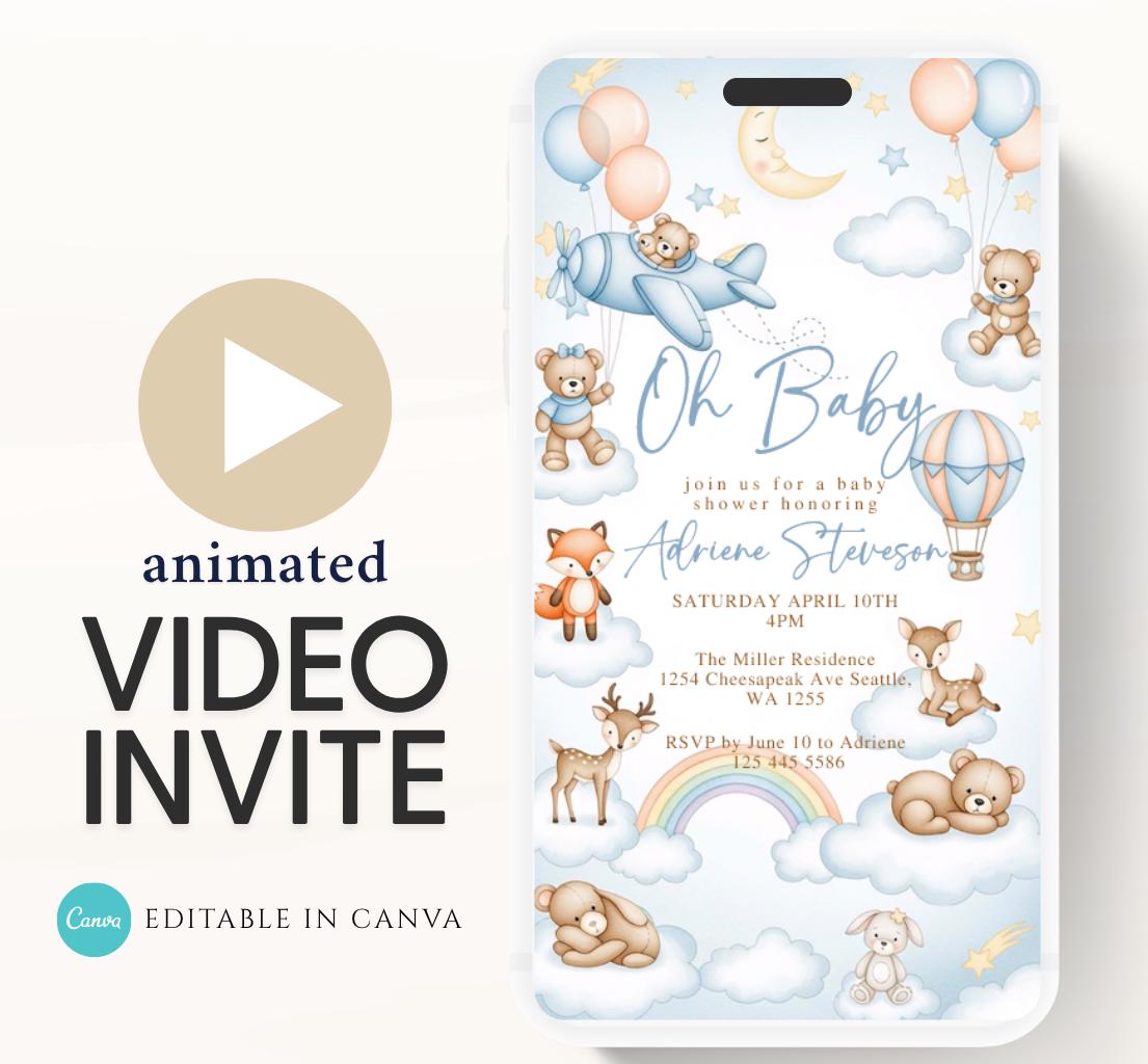 Flying Teddy Bear Baby Shower Invitation We Can Bearly Wait Invite balloon Teddy Bear Template Boy Animated video- 3
