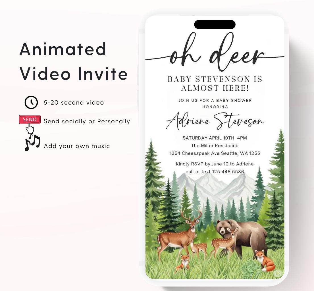 Animated Woodland Baby Shower Invitation, Boy Deer Baby Shower Invite, Woodland Animals Baby Shower, Greenery Boho invitation Woodland-5