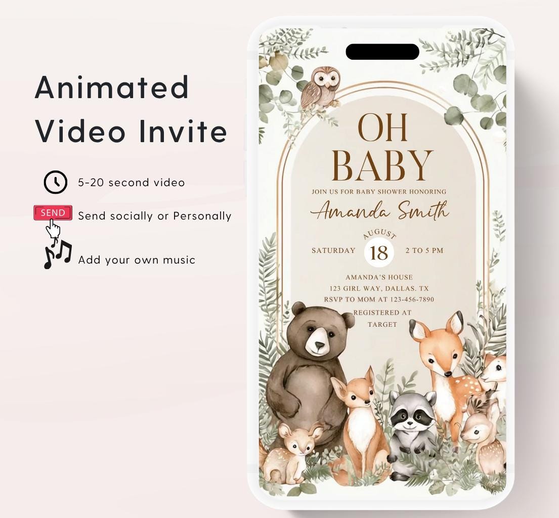 Animated Woodland Baby Shower Invitation, Boy Woodland Baby Shower Invite, Woodland Animals Baby Shower, Greenery Boho invitation Woodland-3