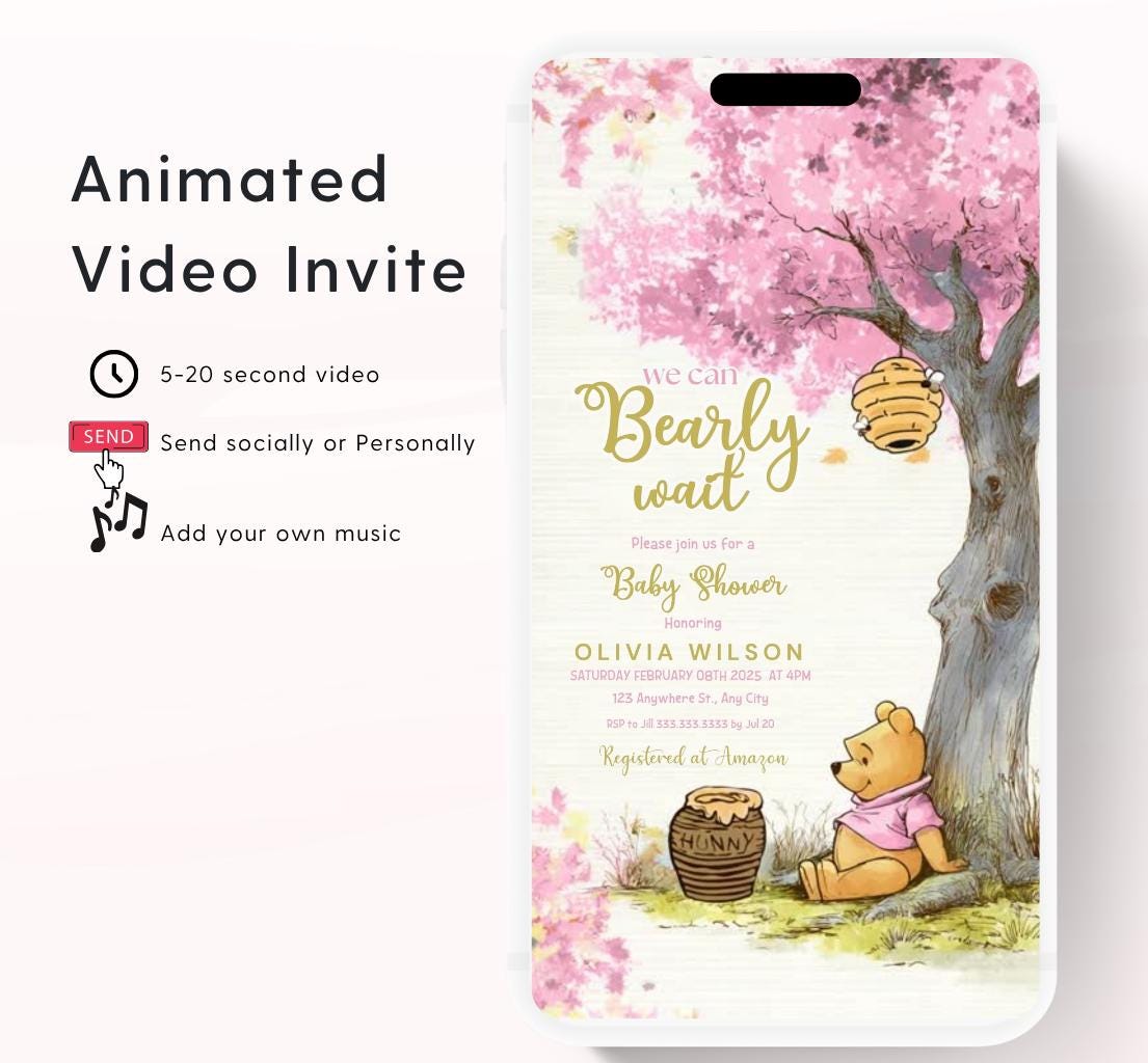 Pink Winnie Tree Invitation, Winnie The Pooh Baby Shower Invitations, Winnie The Pooh Invitations Video invitation, Winnie baby shower-24