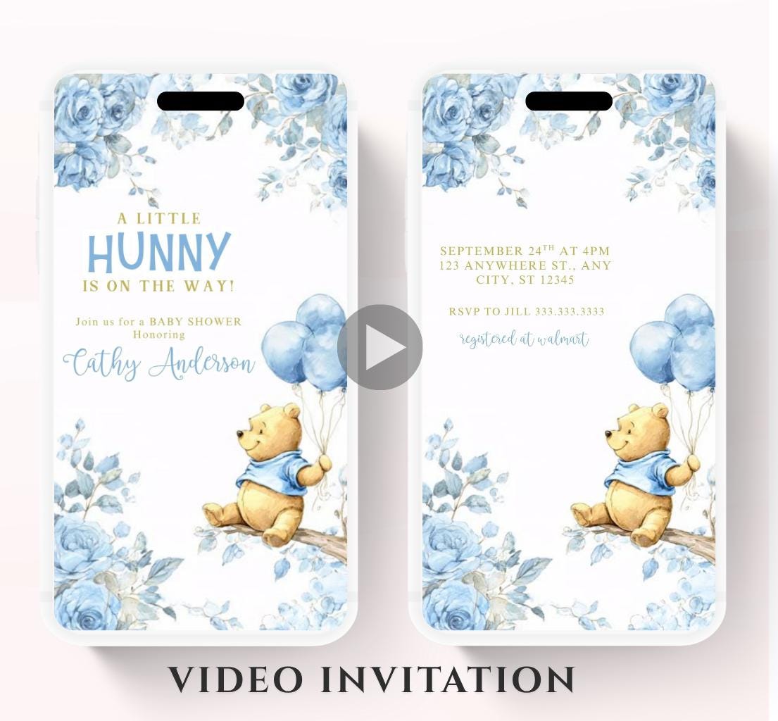 Blue Winnie shower Invitation, Winnie The Pooh Baby Shower Invitations, Winnie The Pooh Invitations Video invitation, Winnie baby shower-19