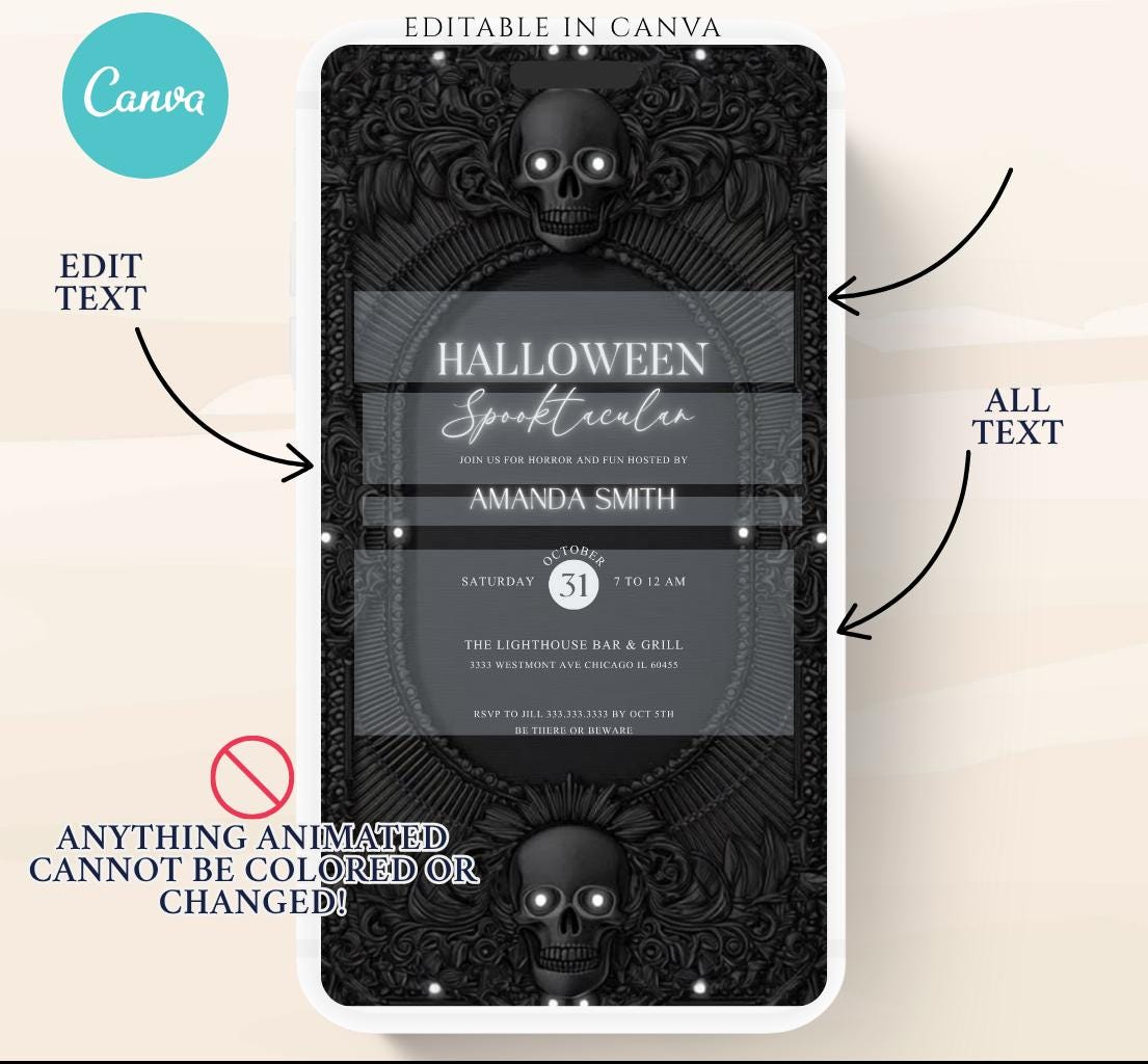 Dark skull Halloween party invitation, Halloween spooktacular Adults Halloween Costume party Invite Video Digital party invitation-11