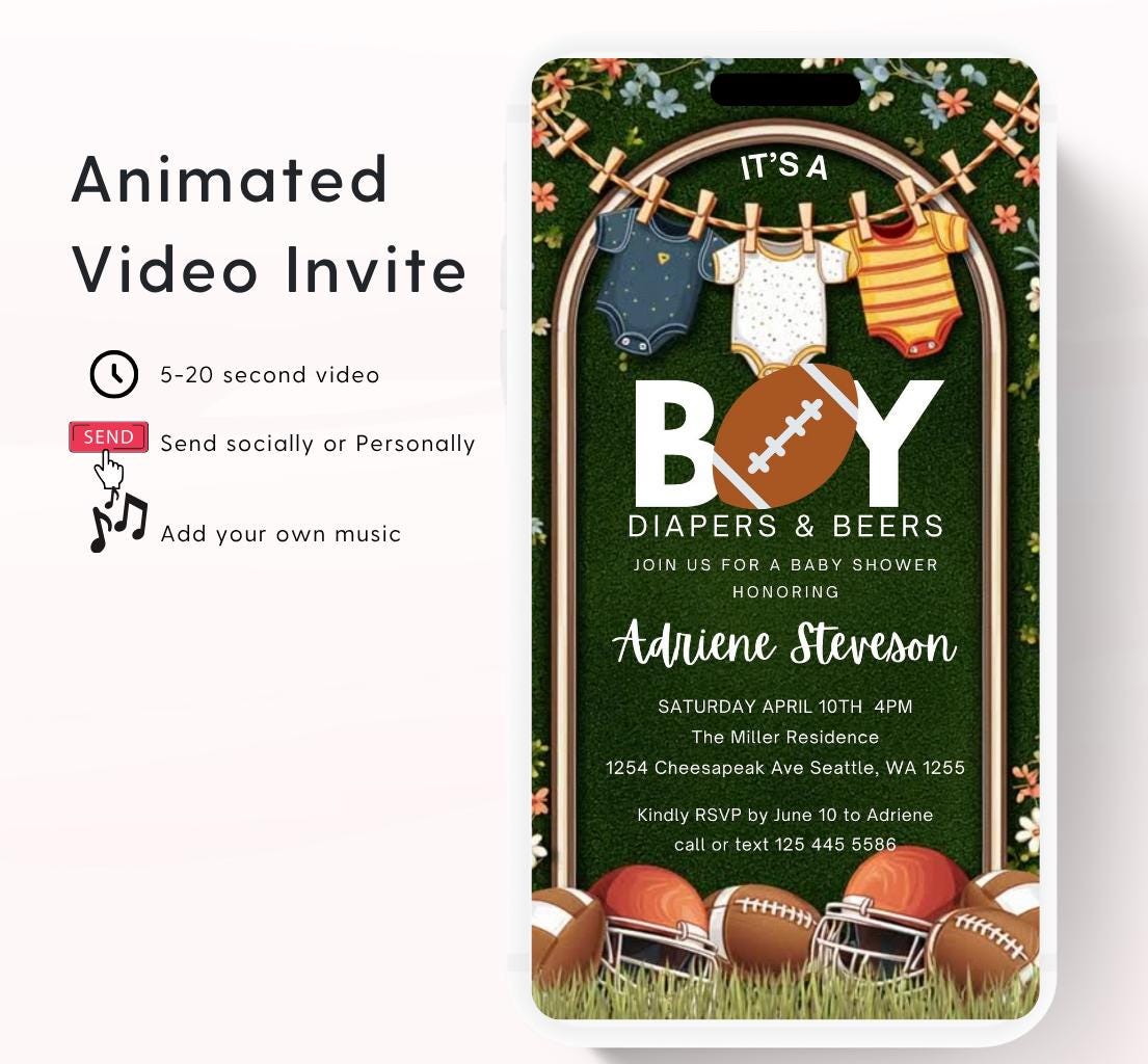 Animated Football Baby Shower Invitation Template, Tailgate DIY Oh Boy Baby Shower Invite, Touchdown Baby Shower, video invitation-1