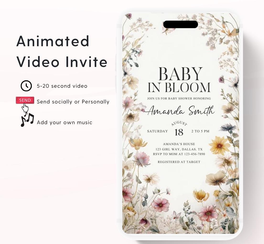 Boho Baby Shower Invitation, Boho Floral Baby Shower, Baby in bloom Baby Shower Invite, pampas Invitation, Boho Baby Invitation Animated-4