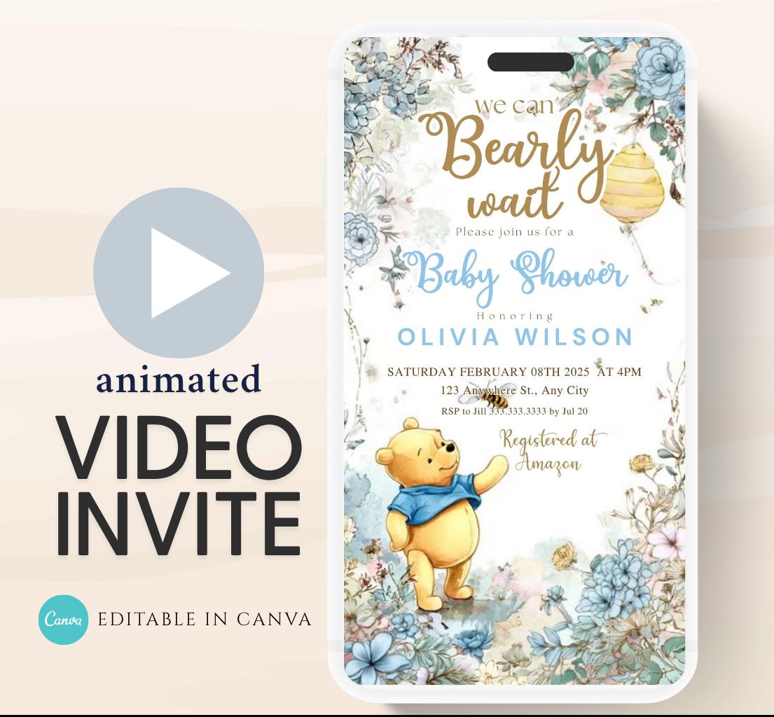 Winnie The Pooh Invitation, Boy Winnie The Pooh Baby Shower Invitations, Winnie The Pooh Invitations Video invitation, Winnie baby shower-18