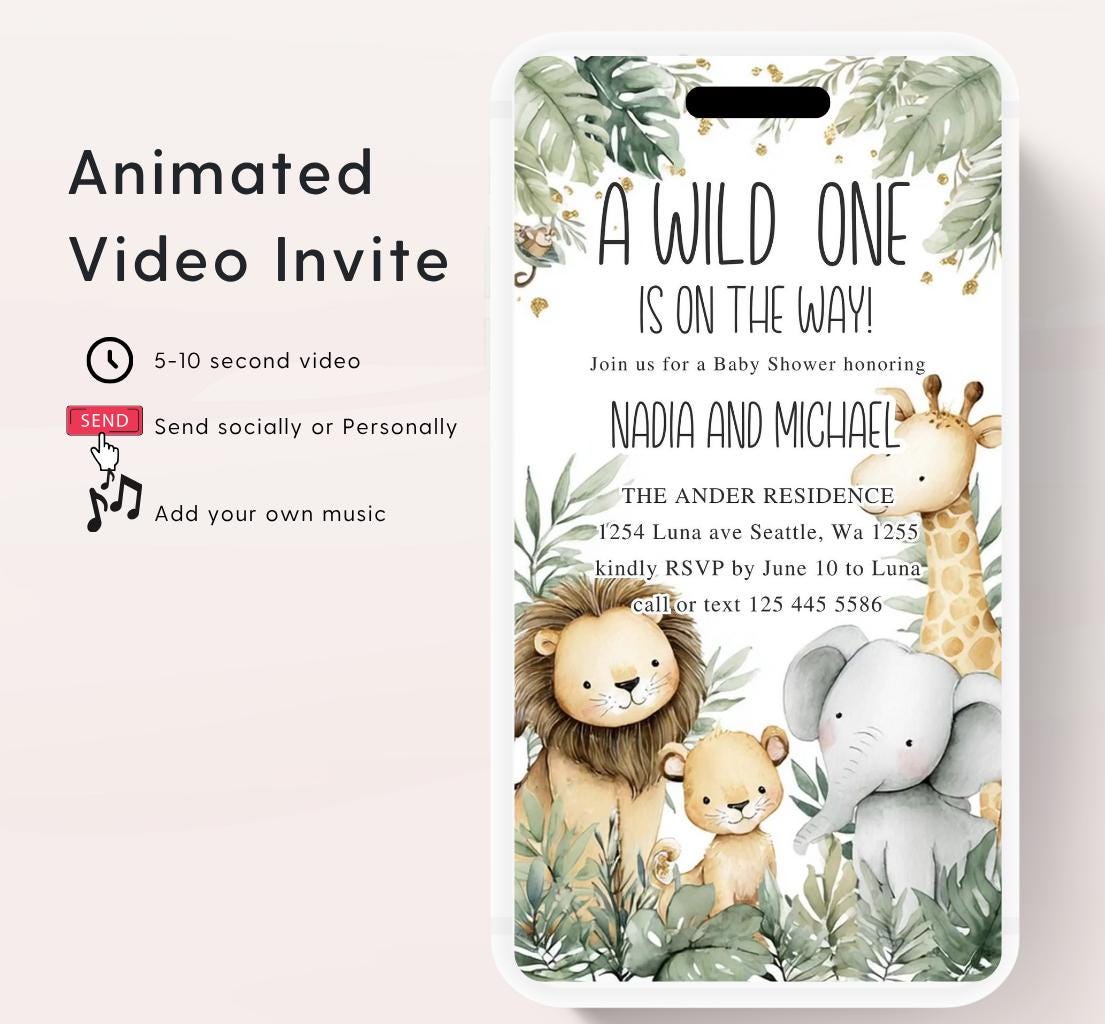 Safari Baby Shower Invitation, A little Wild One is on the Way Invite, Jungle Baby Shower Invitation, Zoo Animal Animated -1