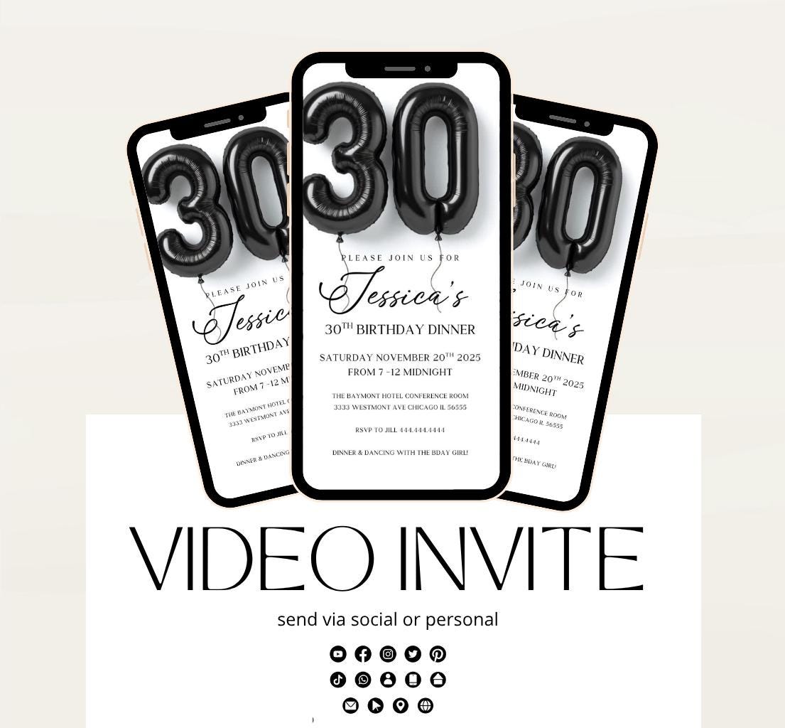 Animated 30th Evite Birthday for Adult Invite, Modern 30th Birthday Invite, Digital Animated Black balloons Digital 30th Birthday-2