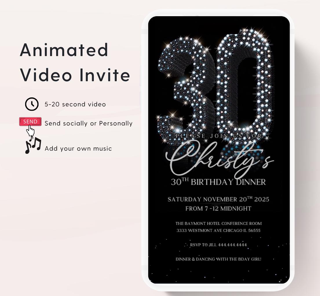 Animated 30th Evite Birthday for Adult Invite, Modern 30th Birthday Invite, Digital Animated Diamond Digital 30th Birthday-4