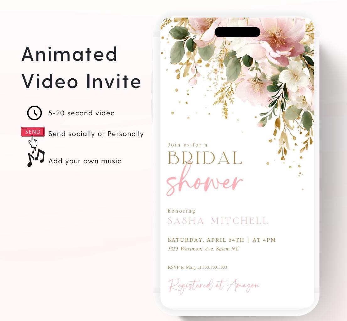 Blush Pink Bridal Shower Invitation, Video Bloom Pink Bridal Shower Invite, Editable Canva Floral Bridal Shower-1
