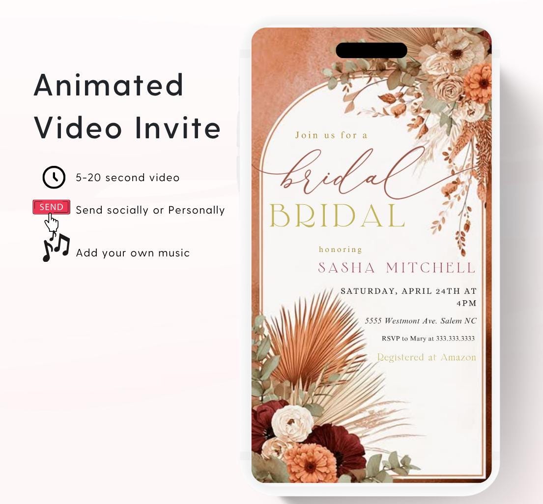 Video Bridal Shower Invitation Template, Pampas & Floral, Bridal shower fall, Boho, Arch, Palm Leaf, Rust, Burnt Orange, Terracotta-1