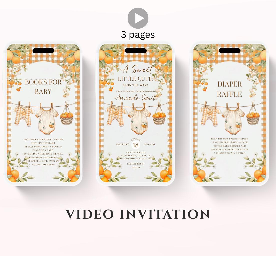 A Little Cutie Baby Shower Invitation, Gender Neutral Baby Shower Invite, Oranges cutie baby shower Video invitation-1
