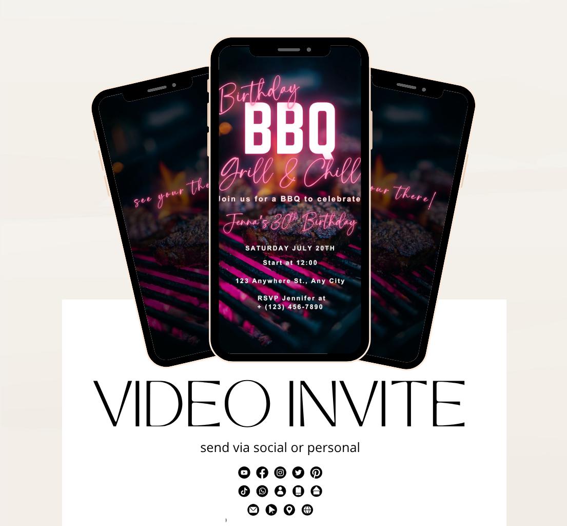 Digital Birthday BBQ Chill and Grill Invitation. Animated Barbeque Party Invite in Neon Pink. Birthday invite Video-2