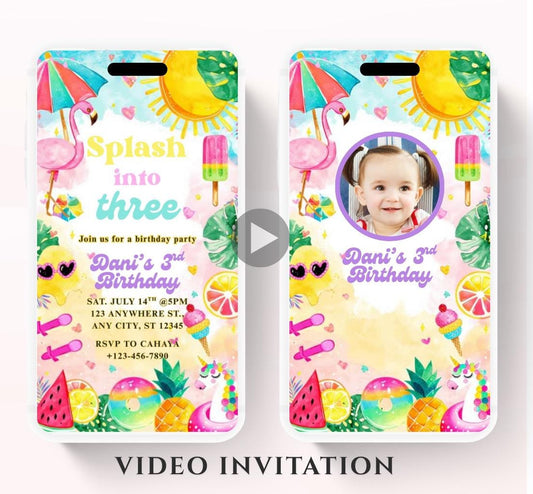 Pool Splash into three 3rd Birthday Pool Party Invitation Girly Summer 3rd Birthday Splash Pad Party Video Invitation any age -1