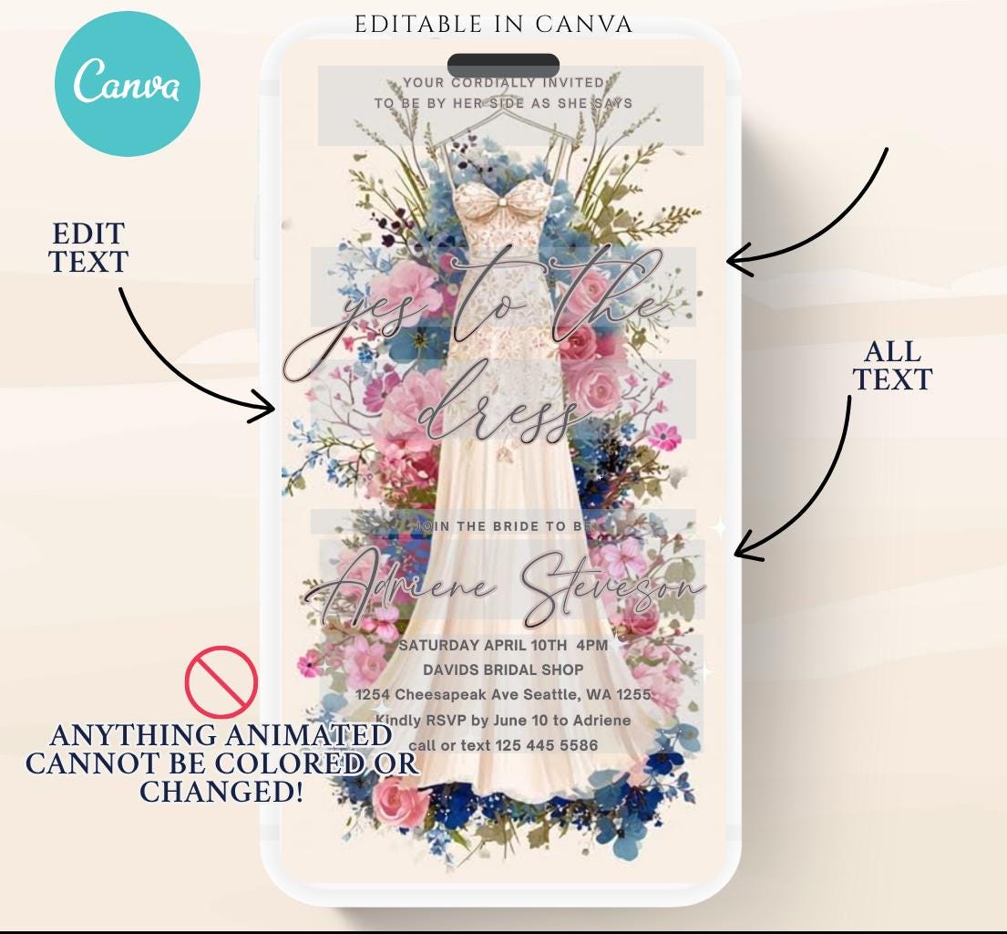 Wedding Dress Shopping mobile editable invitation, Video bridal party invite, Say yes to the dress Dress shopping invite-5