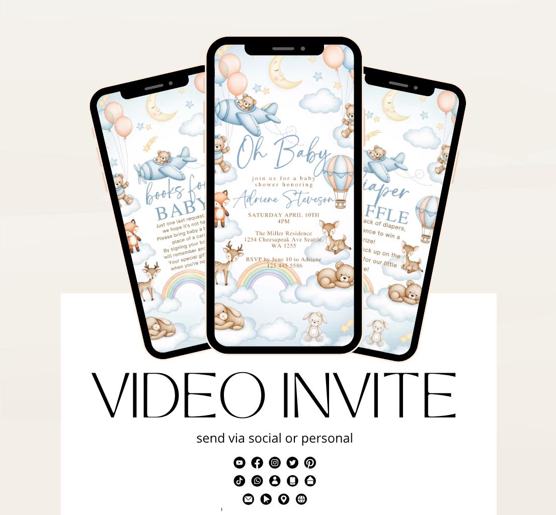 Flying Teddy Bear Baby Shower Invitation We Can Bearly Wait Invite balloon Teddy Bear Template Boy Animated video- 3