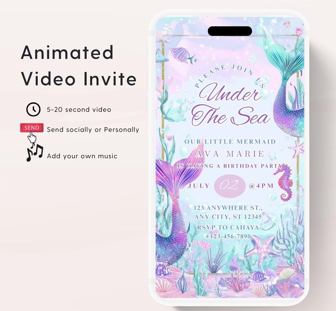 Mermaid Birthday Invitation, Mermaid Invite, Under the Sea Birthday Party, Glitter Birthday, Pink Birthday, Mermaid Party Video invitation-2